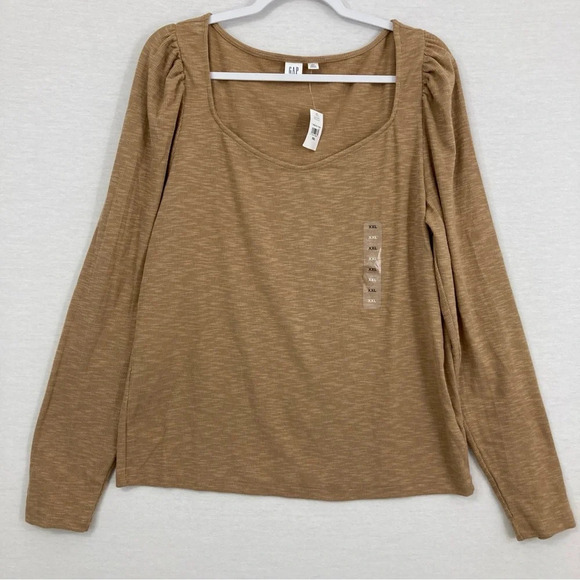 New GAP Light Brown Soft Stretch Knit Sweetheart Neck Long Sleeve Top XXL - Picture 1 of 9